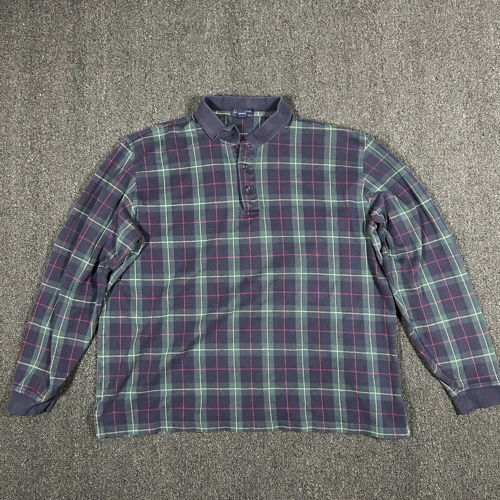 Lands End Polo Shirt Mens XXL Navy Blue Green Plaid Long Sleeve Cotton Excellent
